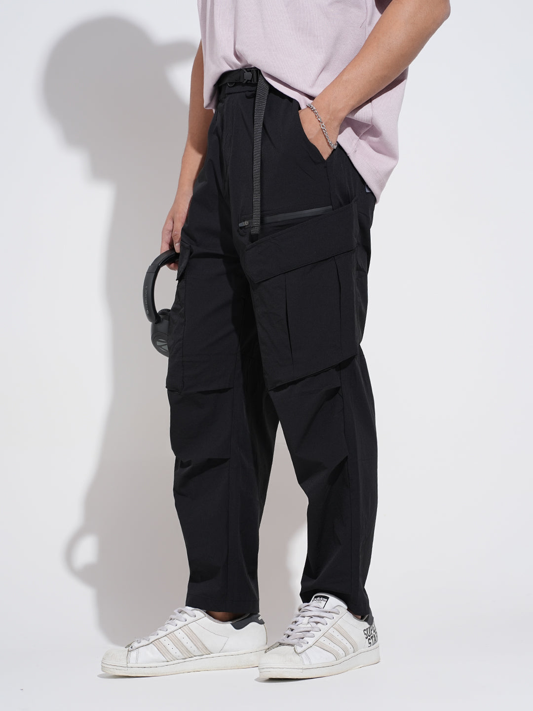 Men's Black Relaxed Fit Cargo Trousers with Adjustable Belt