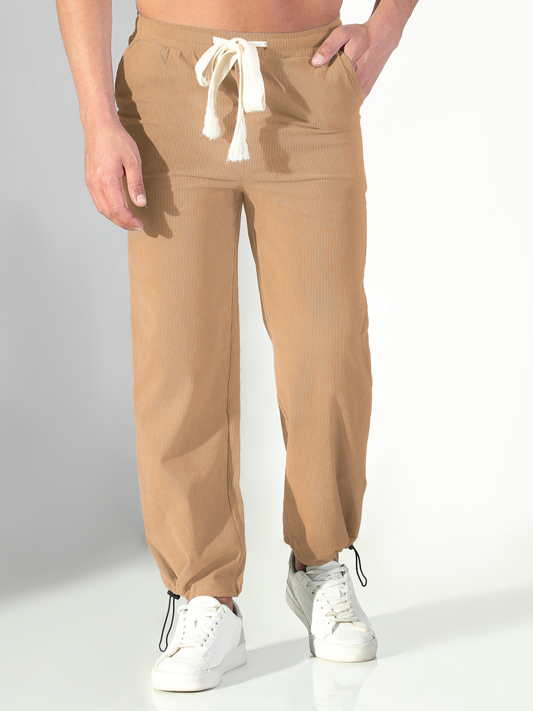 Men's Corduroy Beige Straight Fit Trousers with Adjustable Toggled Hem