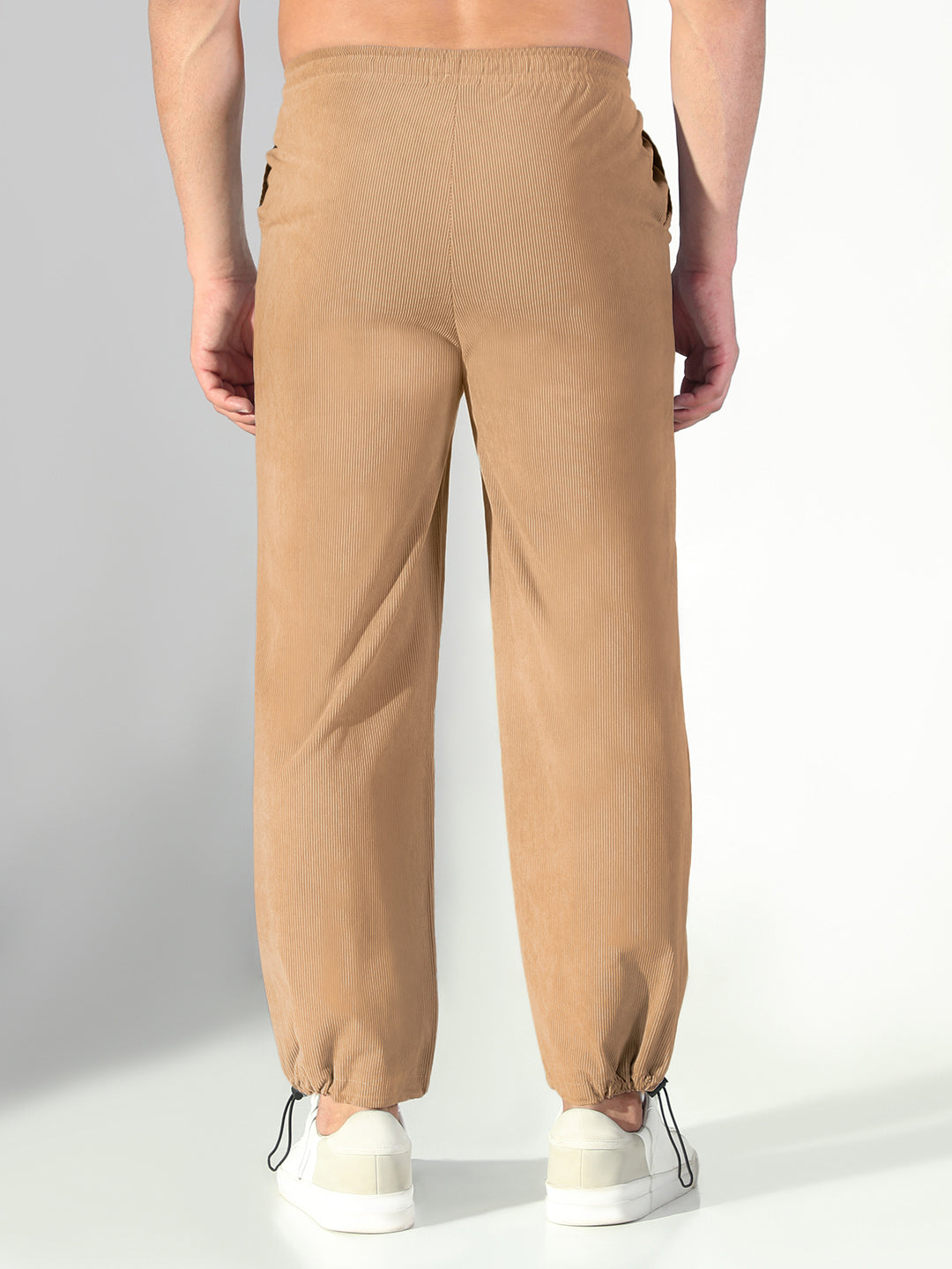 Men's Corduroy Beige Straight Fit Trousers with Adjustable Toggled Hem