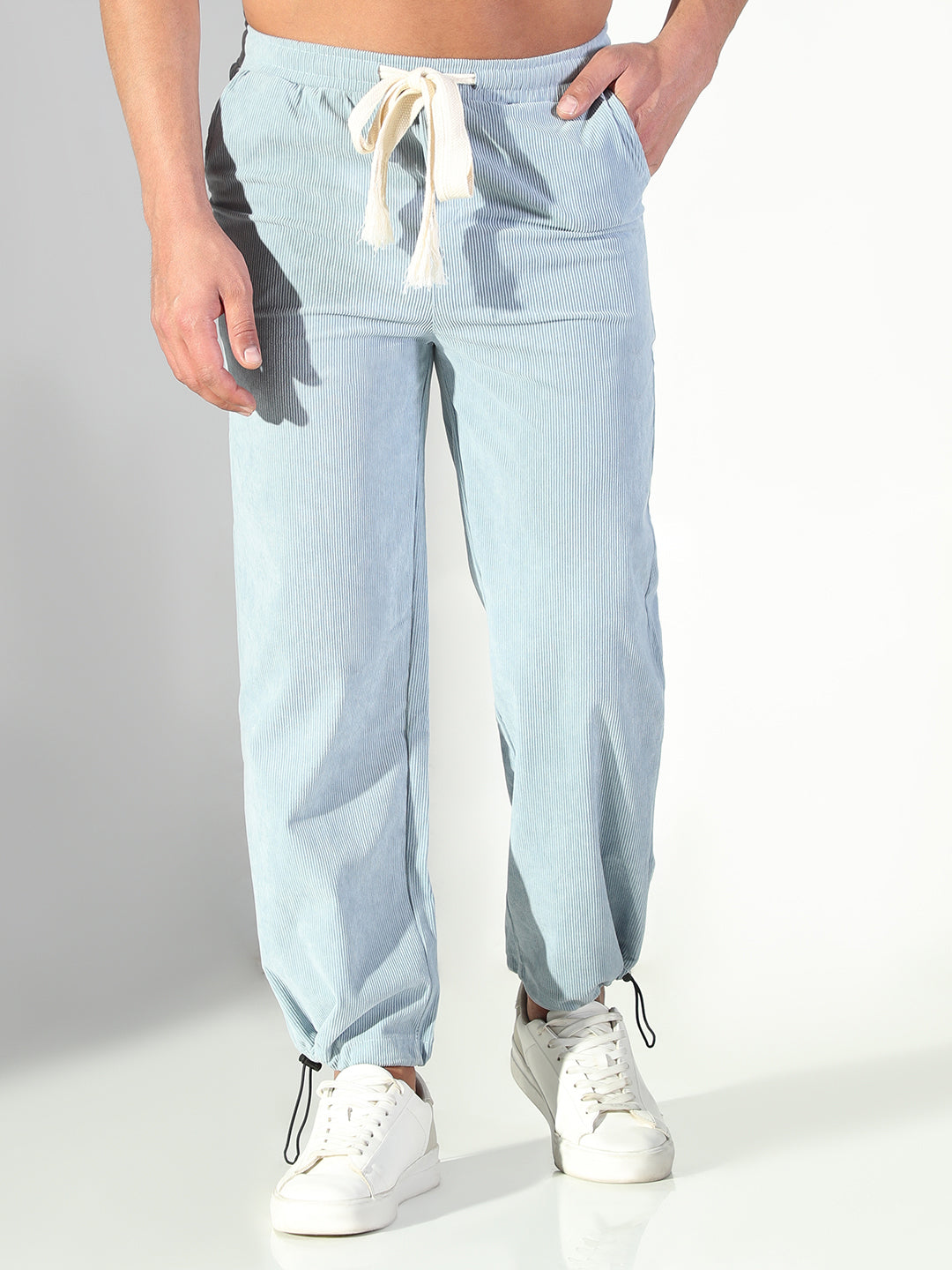 Men Blue Solid Straight Fit Trousers