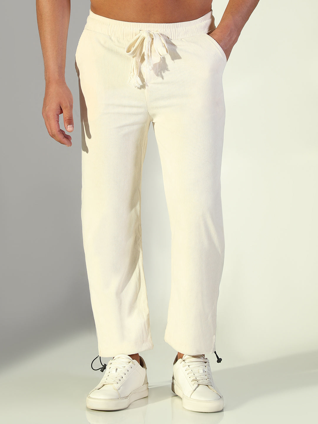 Men Cream Solid Straight Fit Trousers