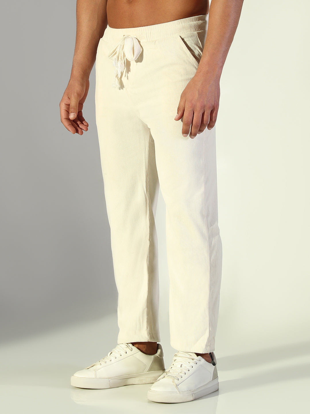 Men Cream Solid Straight Fit Trousers