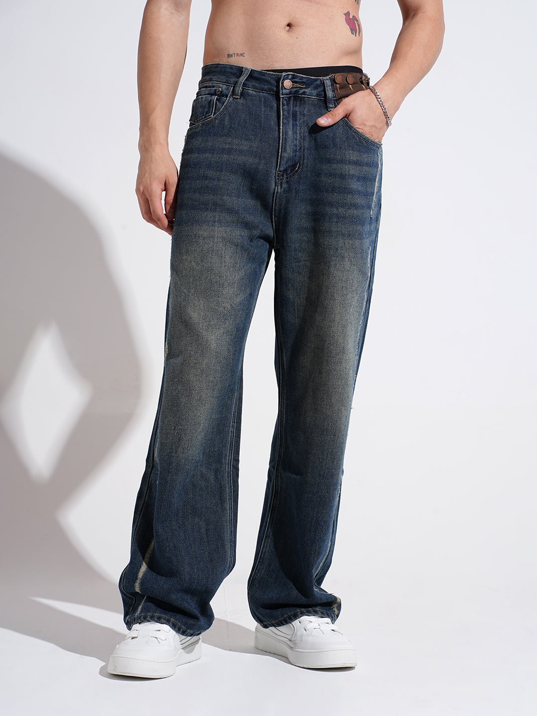 Men's Blue Vintage Wash Loose Fit Distressed Jeans