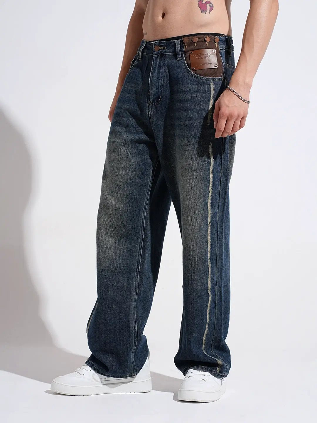 Men's Blue Vintage Wash Loose Fit Distressed Jeans