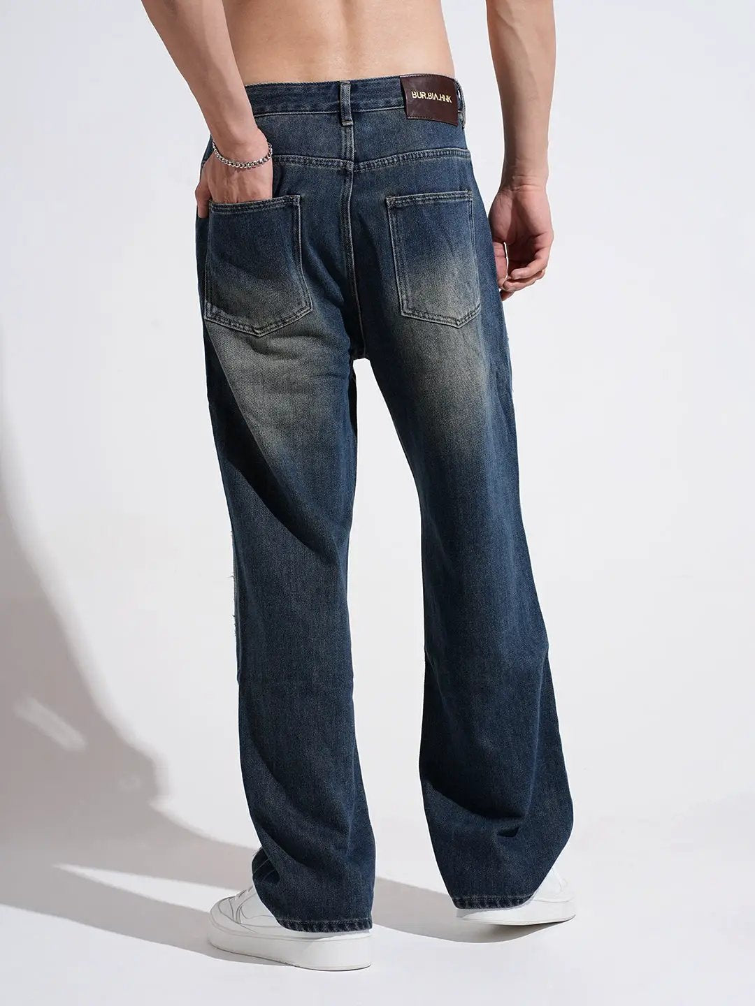Men's Blue Vintage Wash Loose Fit Distressed Jeans
