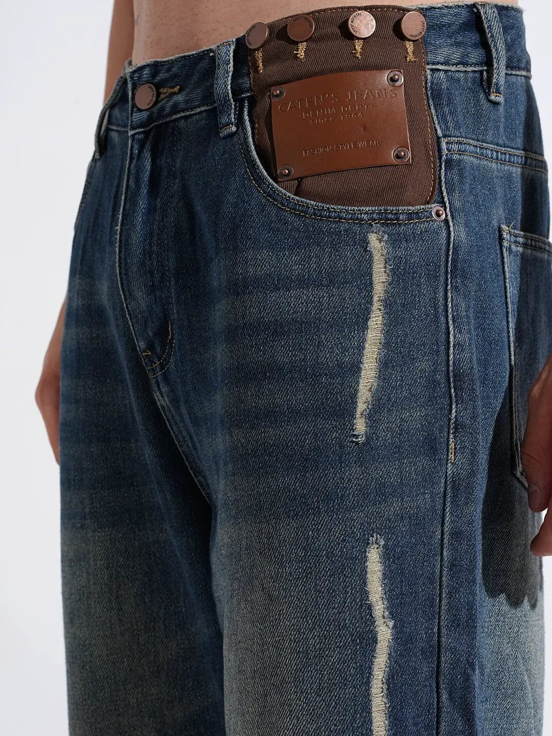 Men's Blue Vintage Wash Loose Fit Distressed Jeans