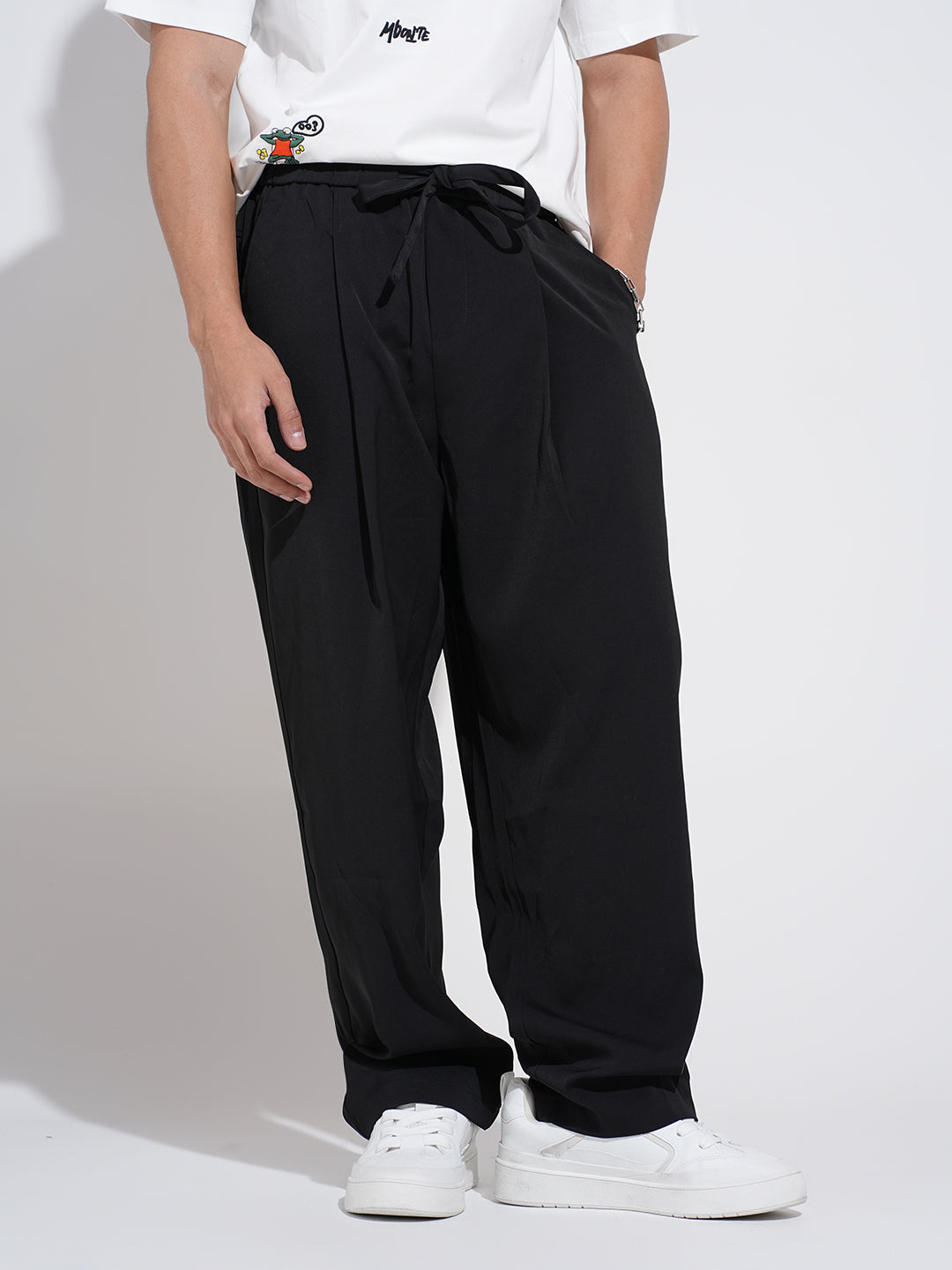 Men's Black Pleated Loose Fit Trousers with Elasticated Waist and Drawstring