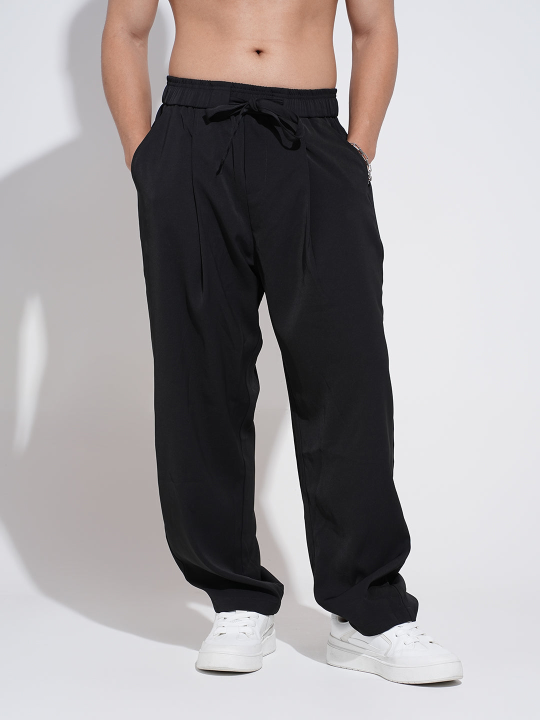 Men's Black Pleated Loose Fit Trousers with Elasticated Waist and Drawstring