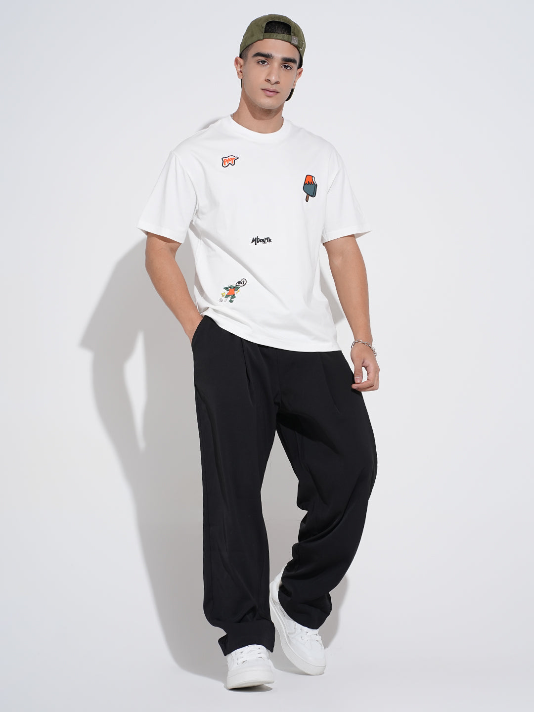 Men's Black Pleated Loose Fit Trousers with Elasticated Waist and Drawstring