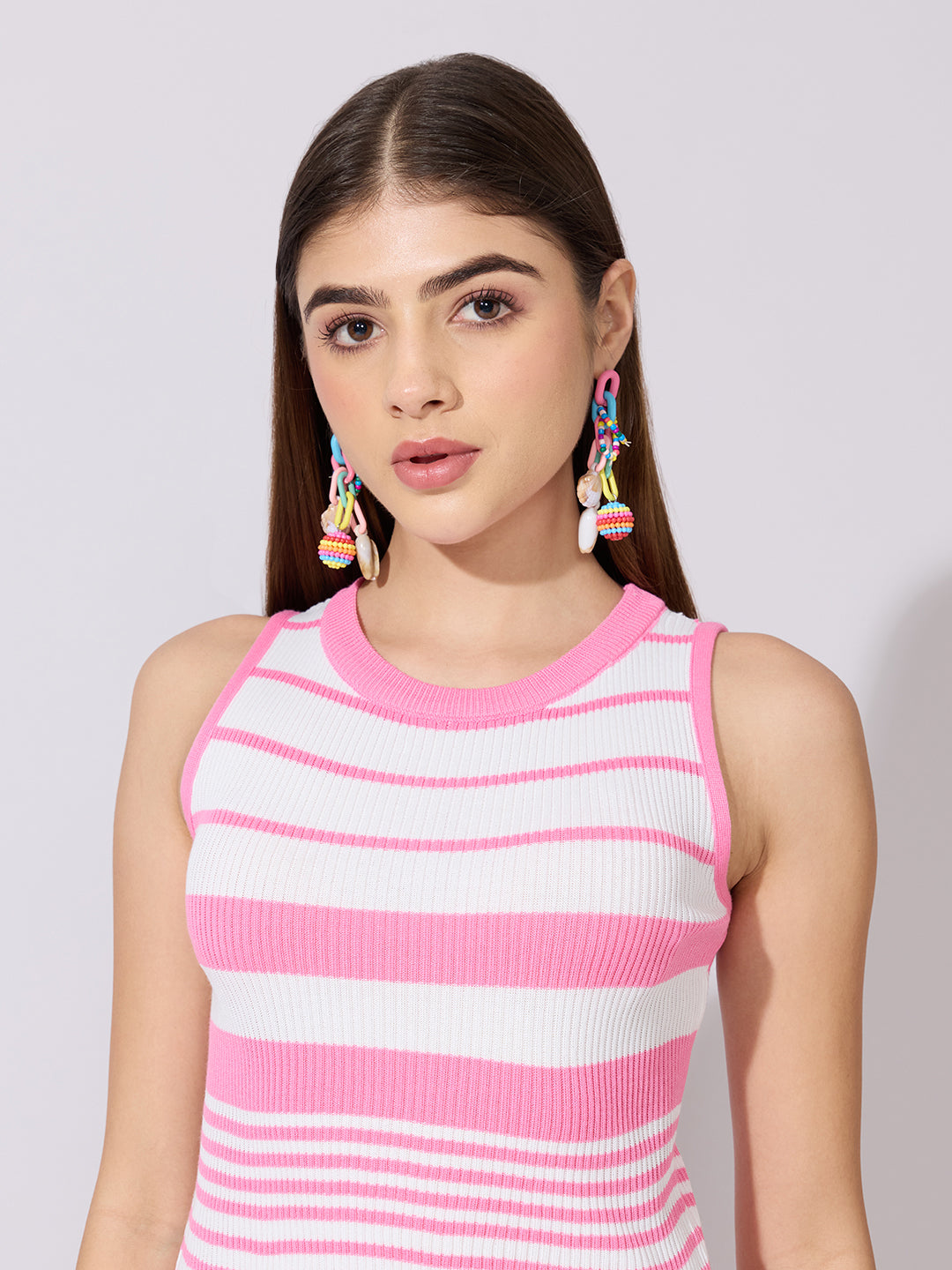 Women's Striped Pink Knit Crop Top & Maxi Skirt Co-Ord Set