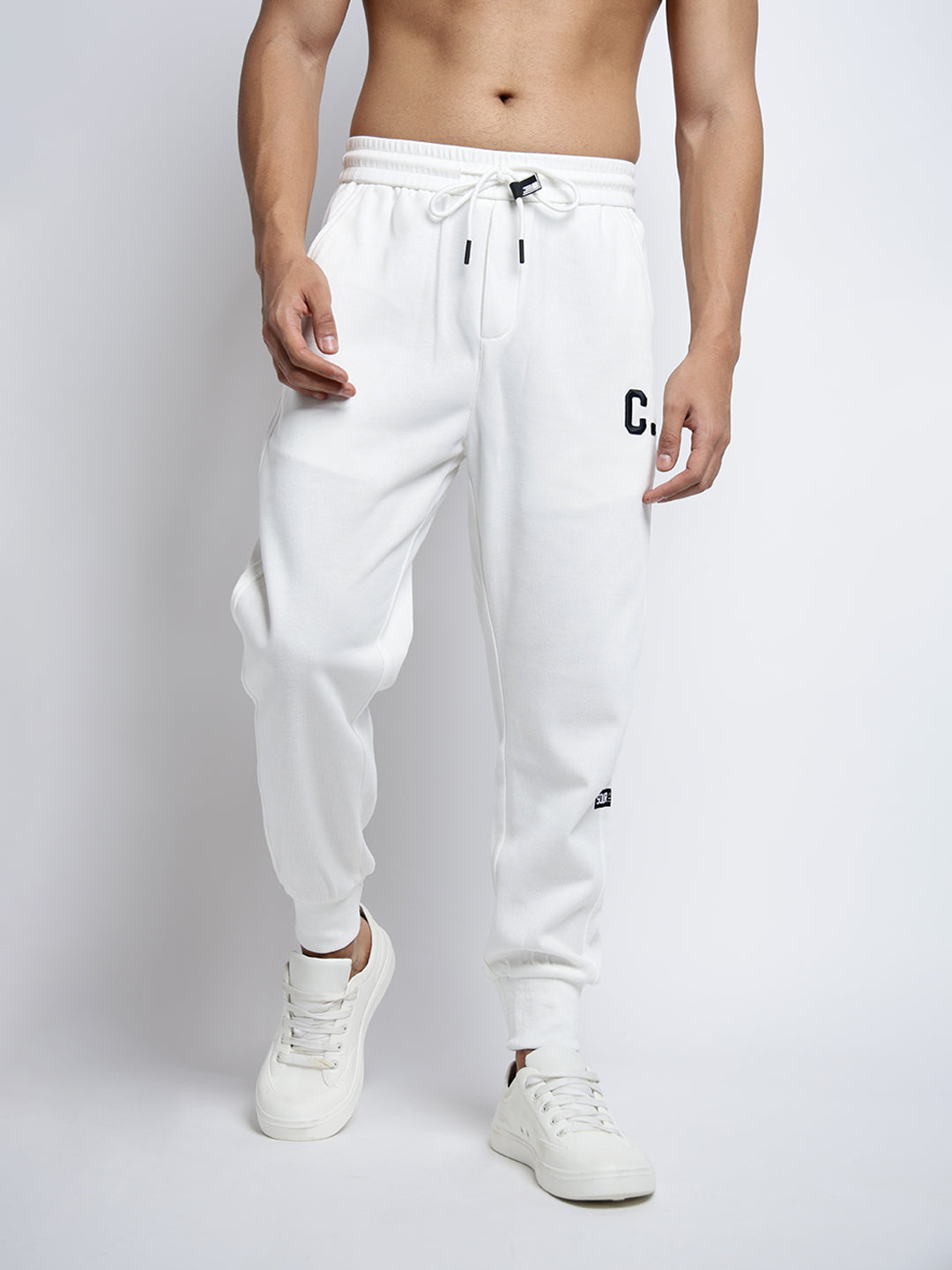 Men's White Relaxed Fit Joggers with Elasticated Waist and Drawstring