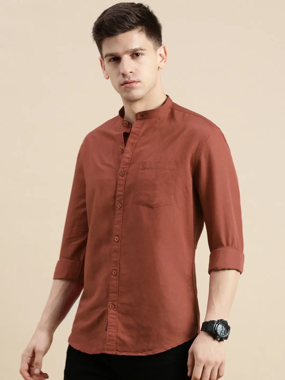 Men's Rust Mandarin Collar Slim Fit Shirt - from SHOWOFFFF
