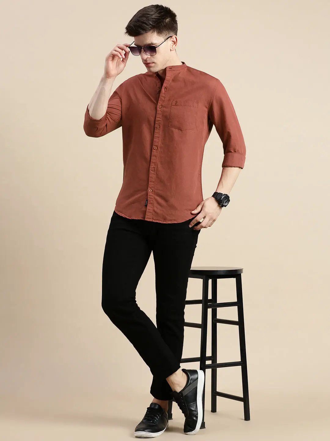 Men's Rust Mandarin Collar Slim Fit Shirt - from SHOWOFFFF