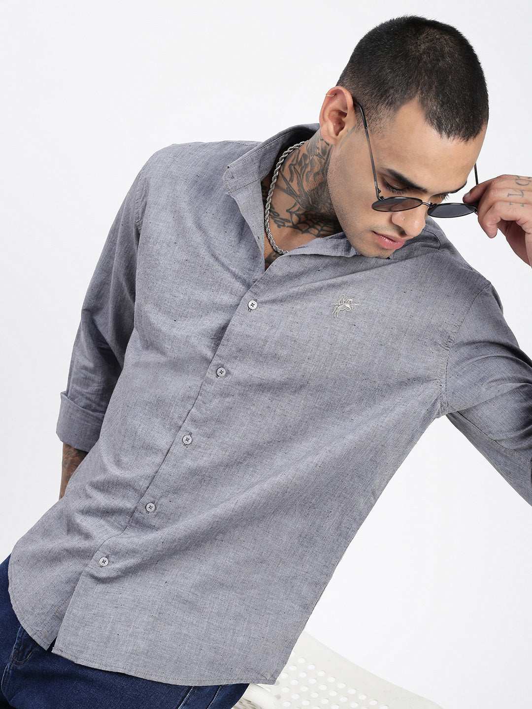 Men Solid Grey Slim Fit Shirt