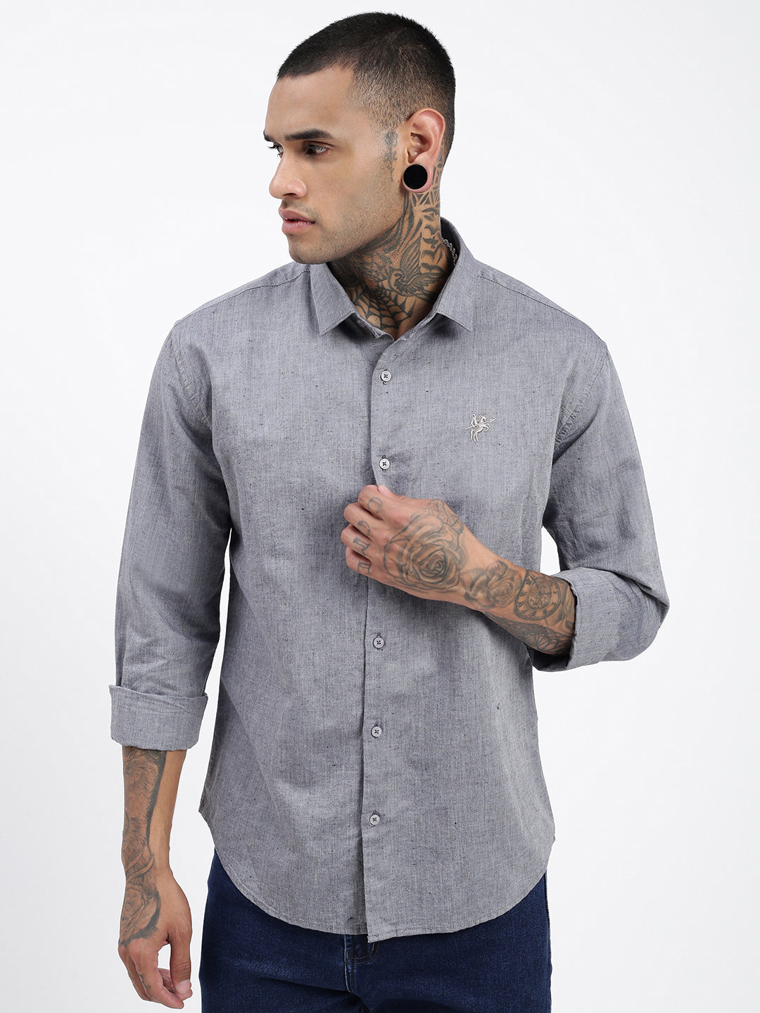 Men Solid Grey Slim Fit Shirt