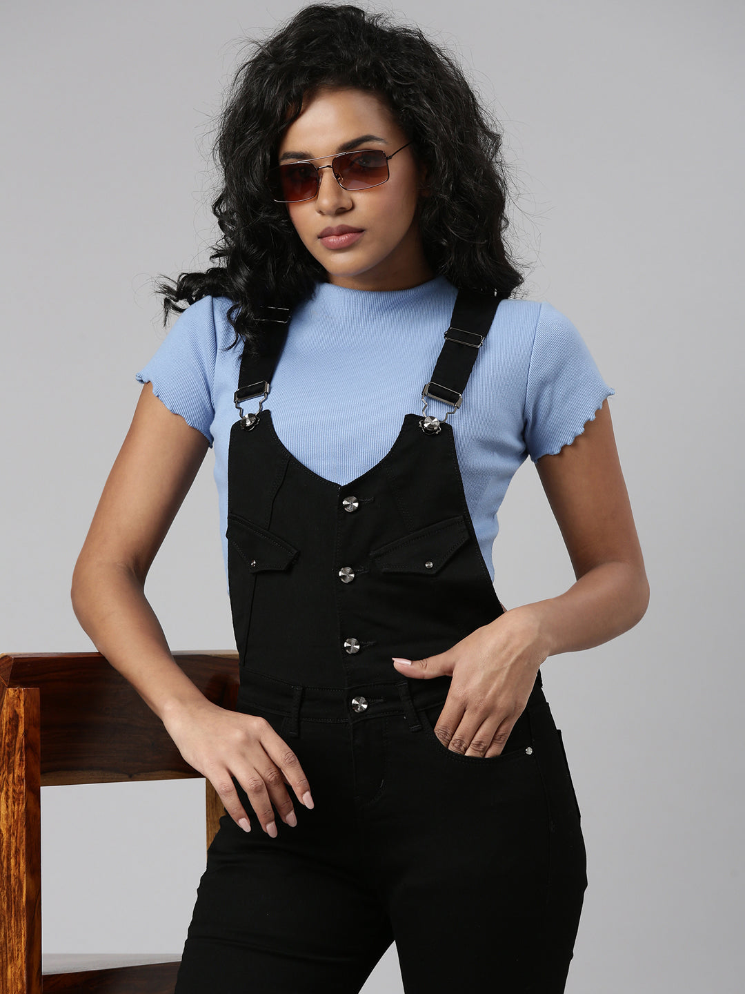 Women Denim Solid Black Dungaree