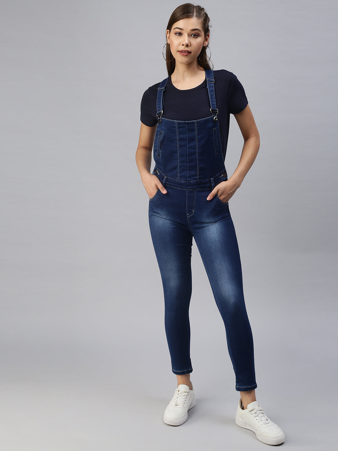 Women Solid Blue Denim Dungaree