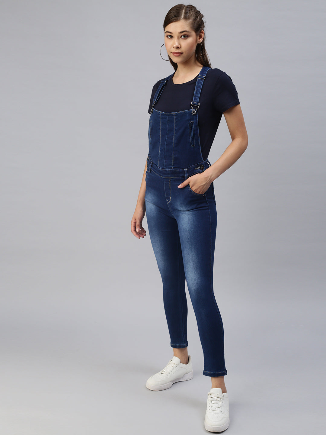 Women Solid Blue Denim Dungaree