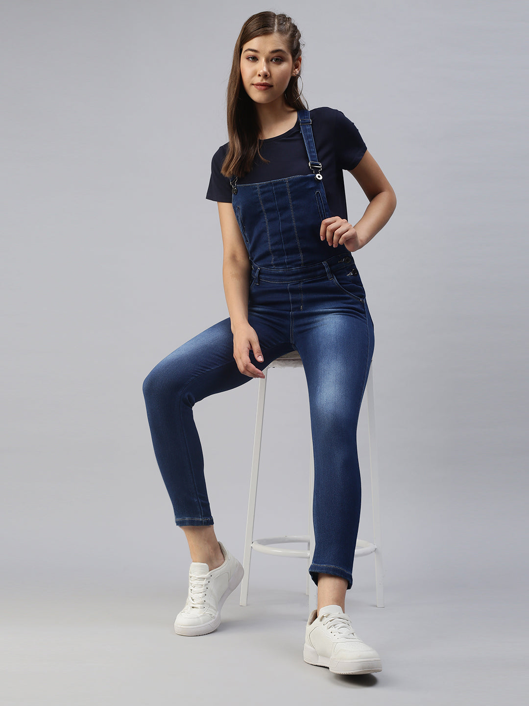 Women Solid Blue Denim Dungaree