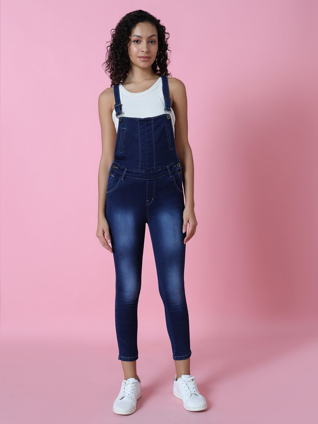 Women's Navy Blue Solid Dungaree