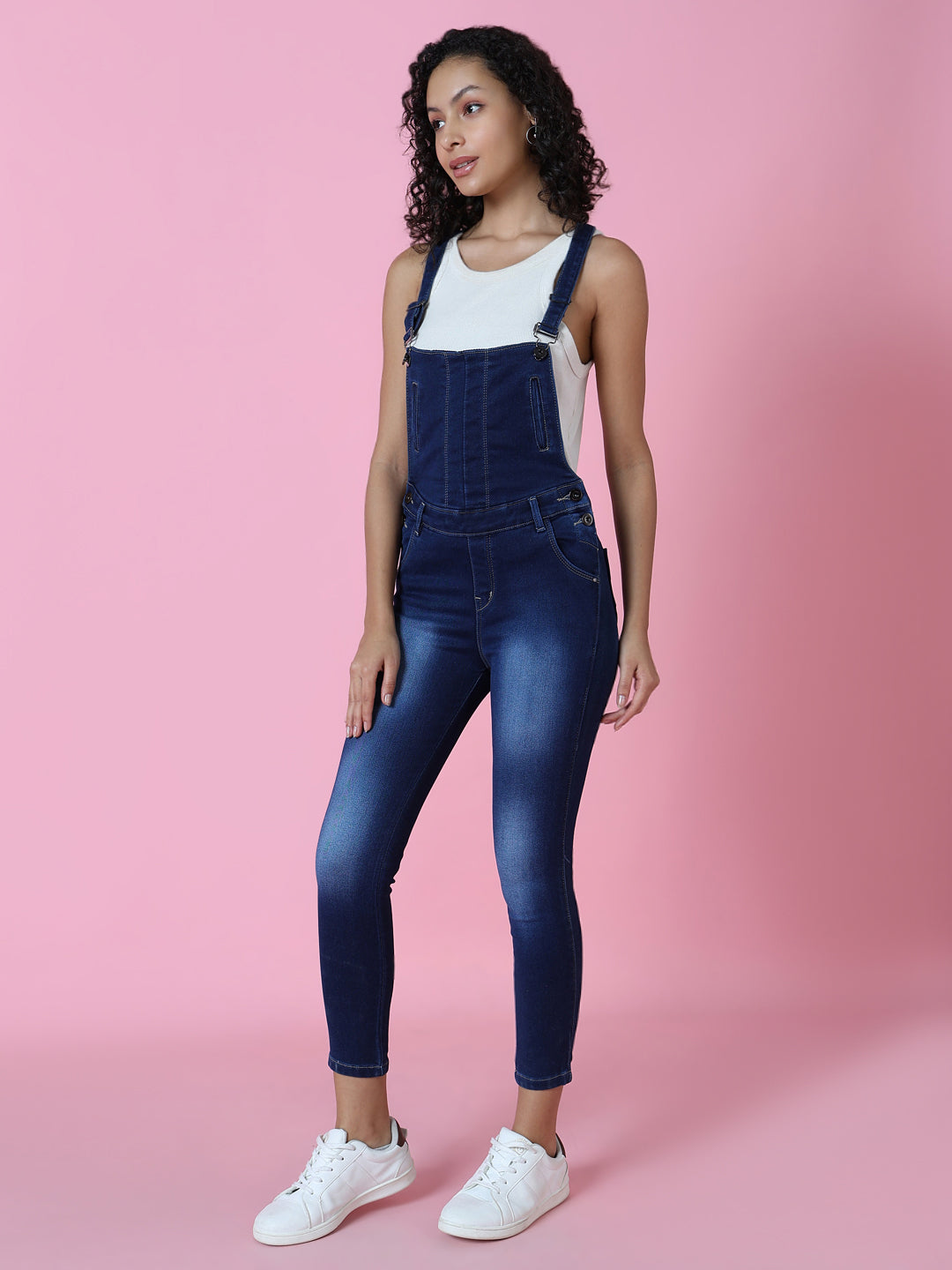 Women's Navy Blue Solid Dungaree