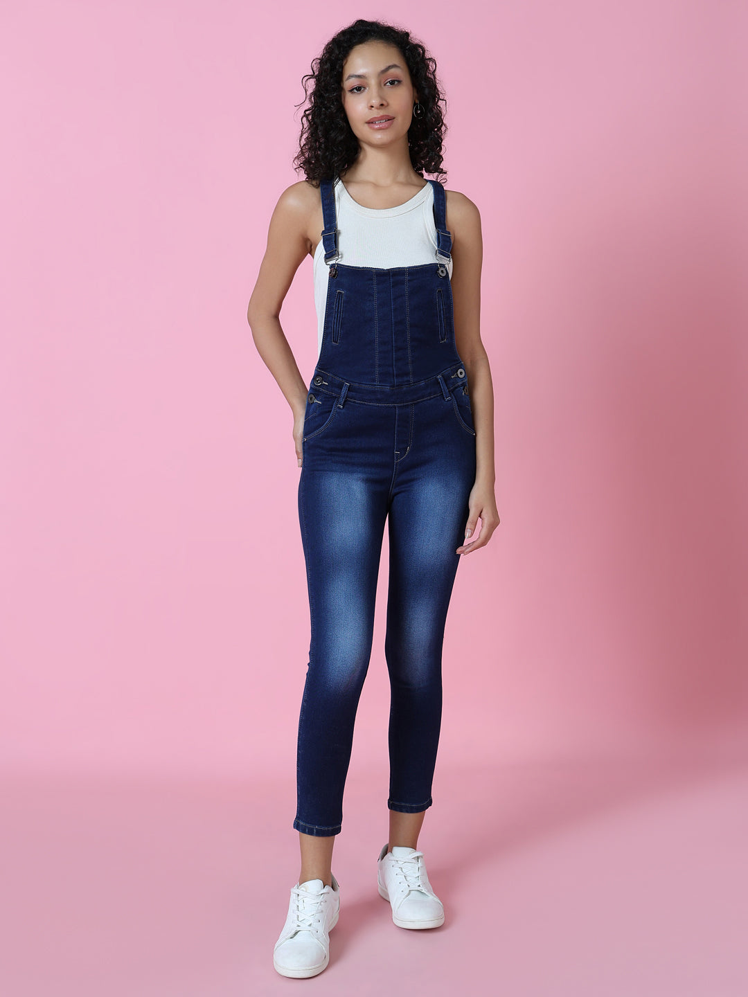 Women's Navy Blue Solid Dungaree