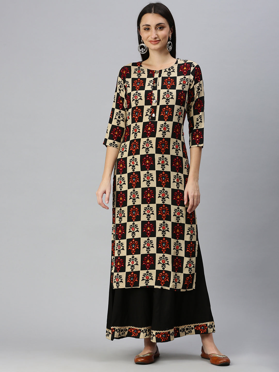 Women Straight Cream Printed Kurta and Palazzos