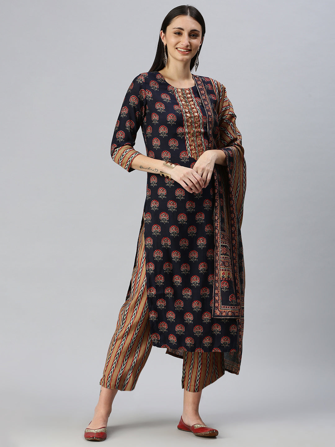 Women Straight Navy Blue Printed Kurta and Palazzos Comes with Dupatta