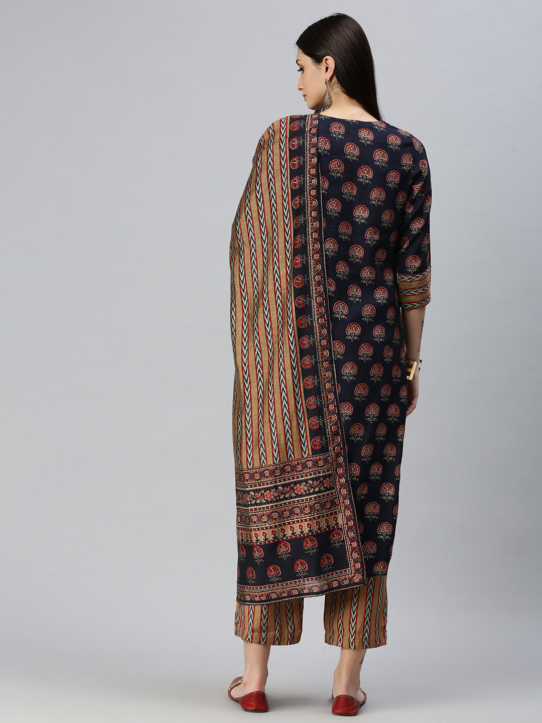 Women Straight Navy Blue Printed Kurta and Palazzos Comes with Dupatta