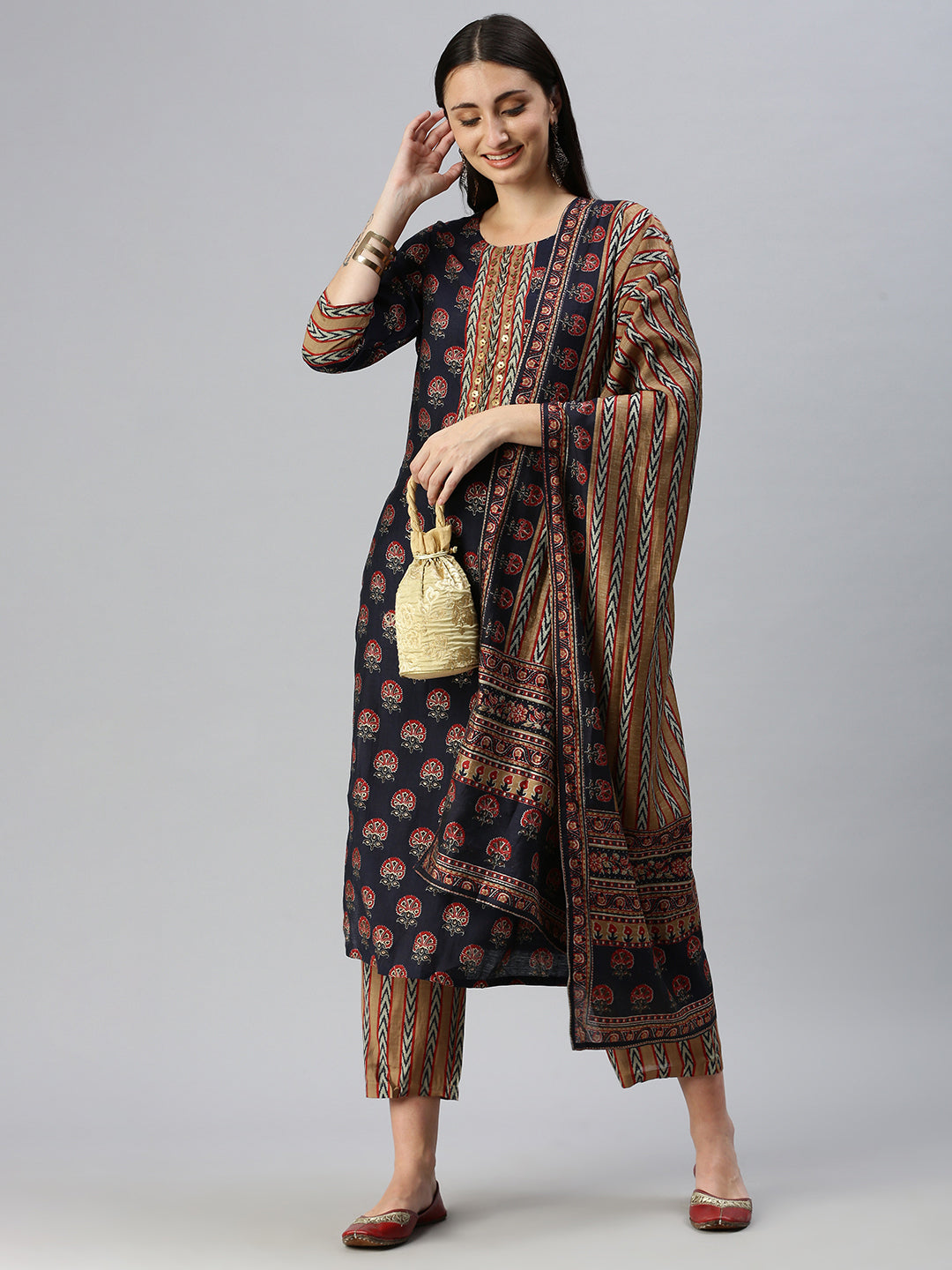 Women Straight Navy Blue Printed Kurta and Palazzos Comes with Dupatta