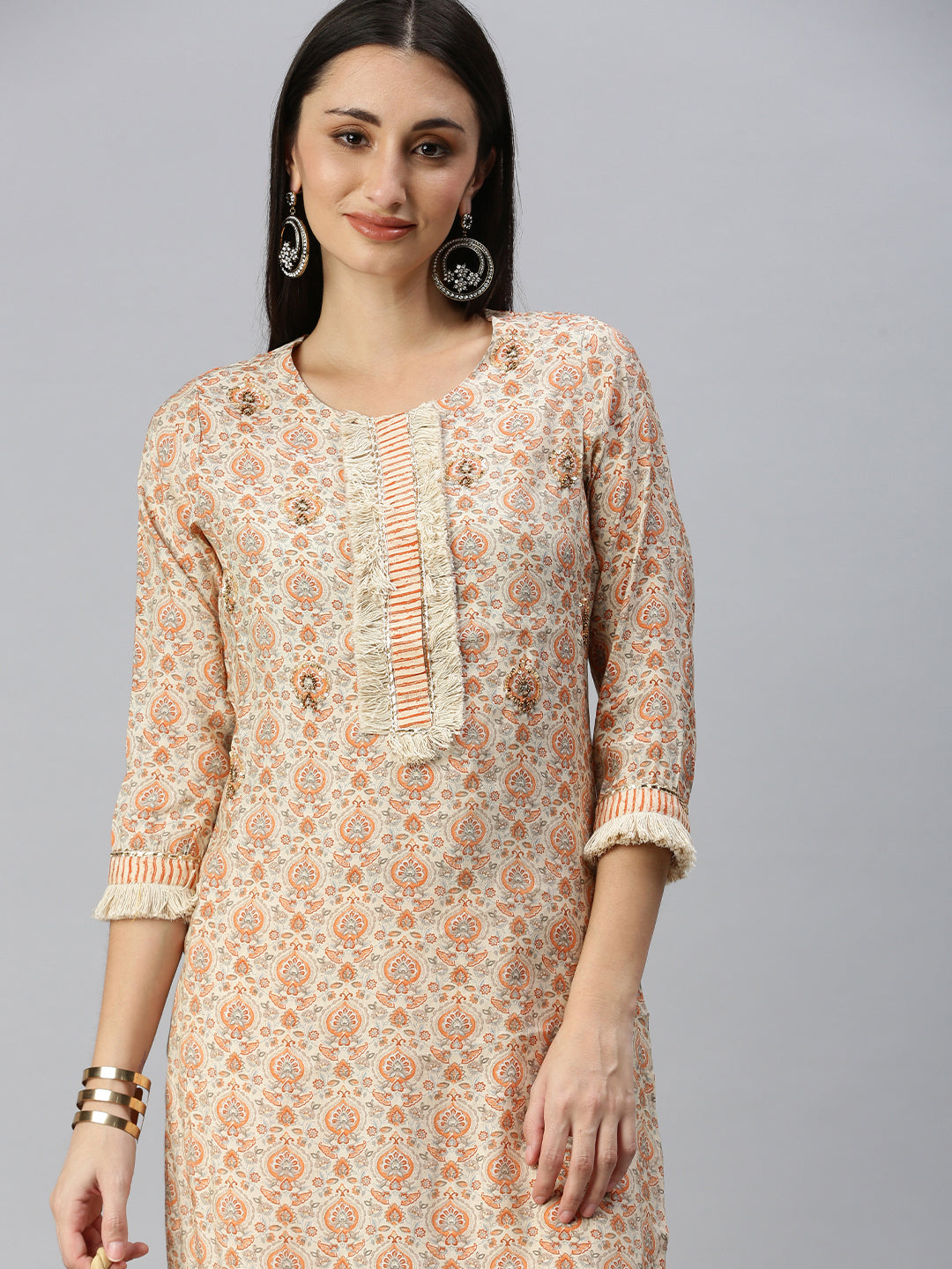 Women Straight Cream Printed Kurta and Trousers