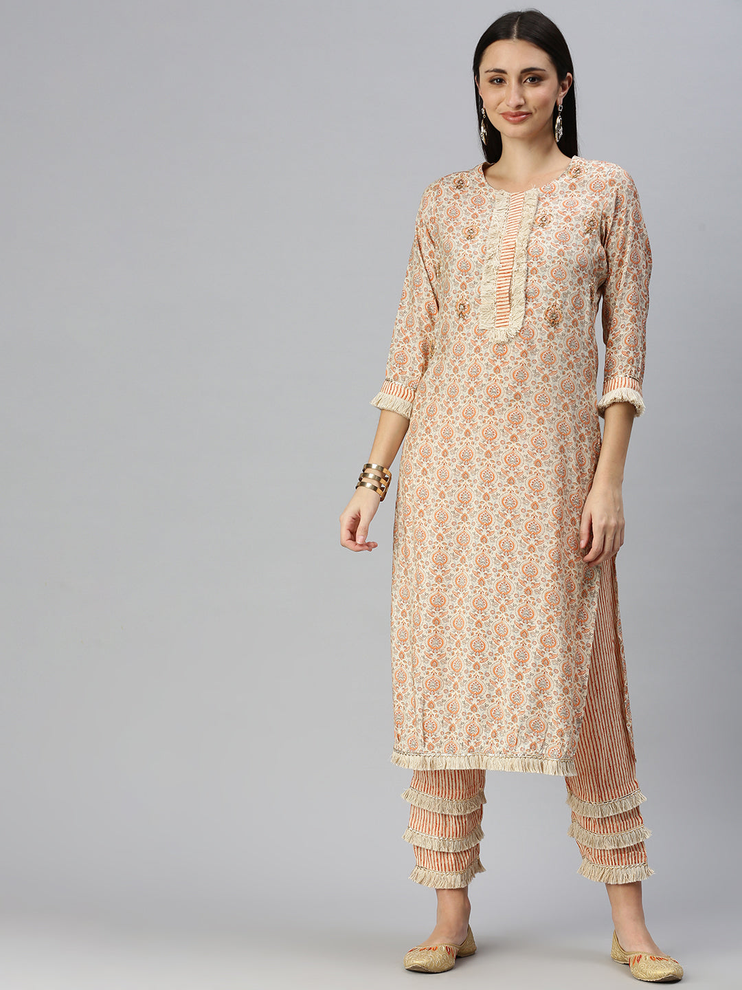 Women Straight Cream Printed Kurta and Trousers