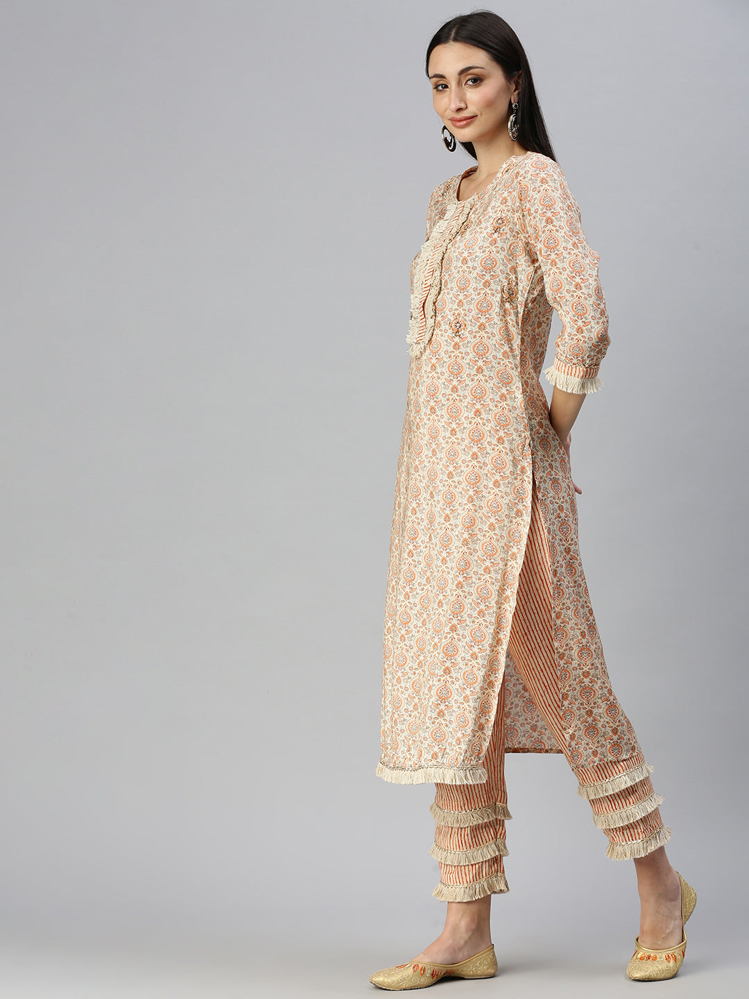 Women Straight Cream Printed Kurta and Trousers