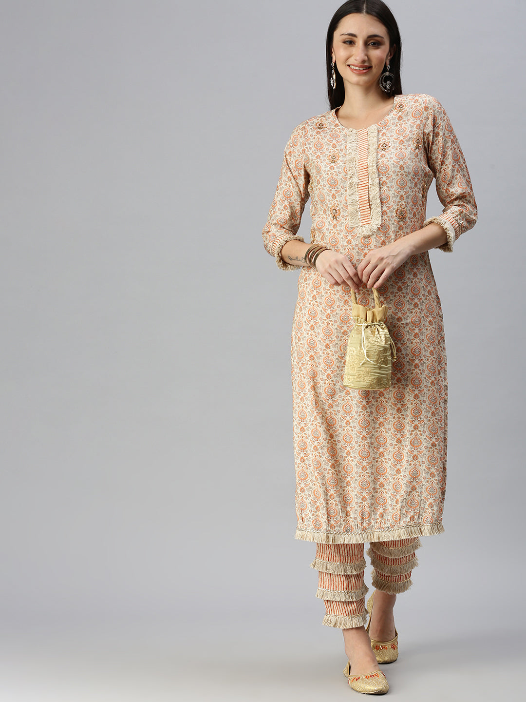 Women Straight Cream Printed Kurta and Trousers