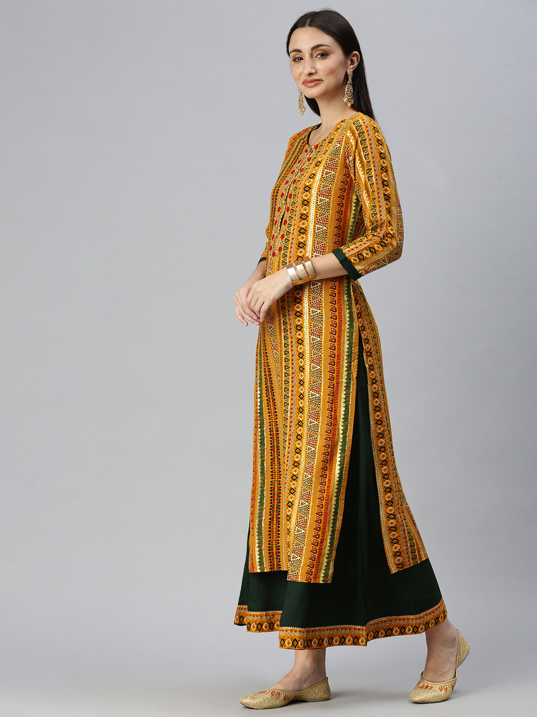 Women Straight Mustard Printed Kurta and Palazzos