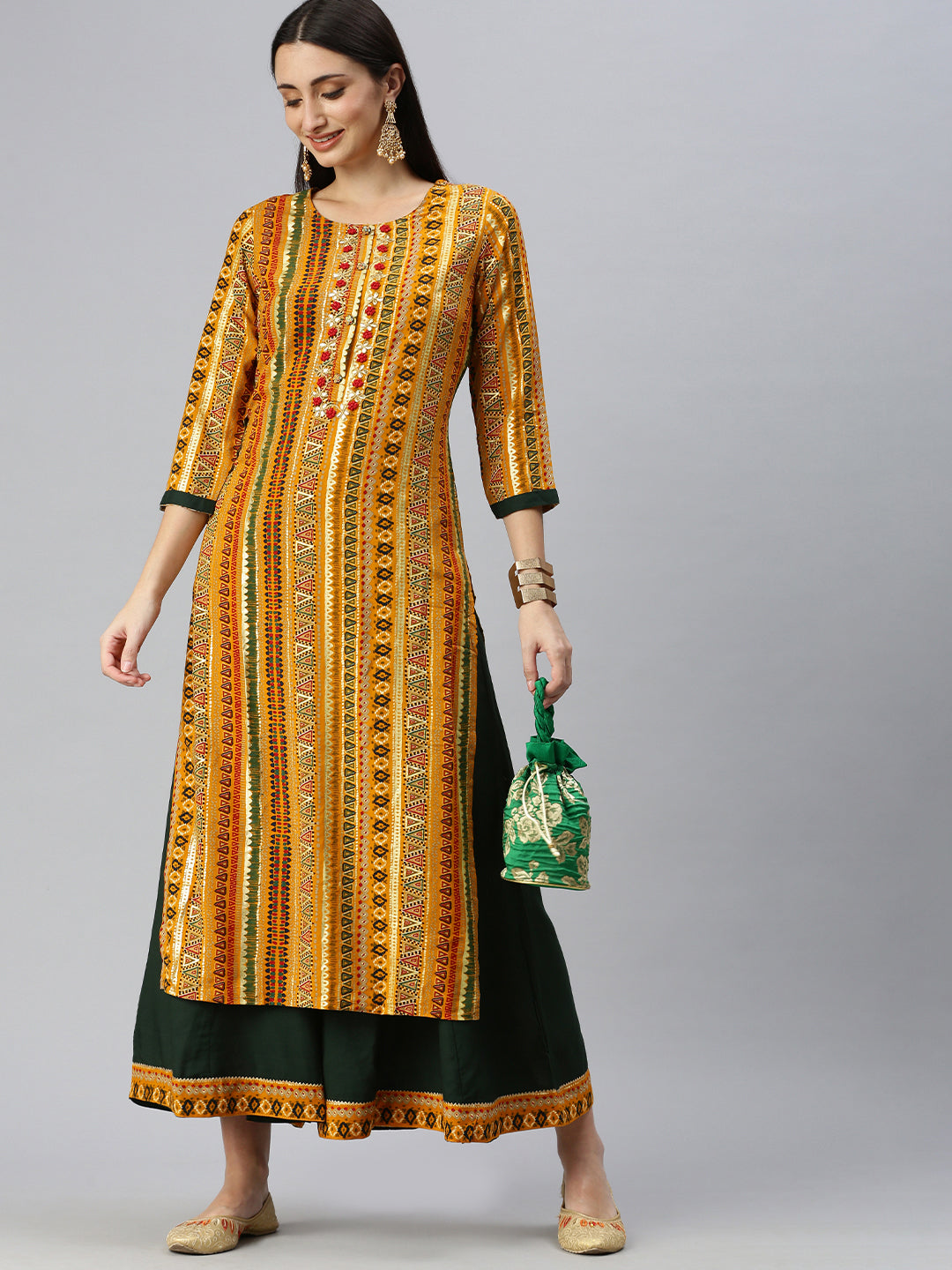 Women Straight Mustard Printed Kurta and Palazzos