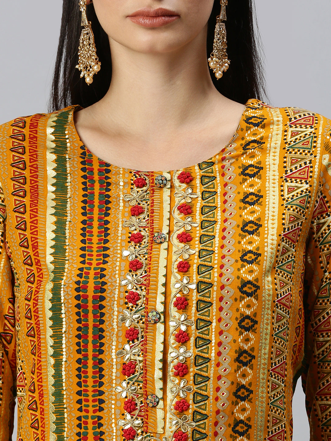 Women Straight Mustard Printed Kurta and Palazzos