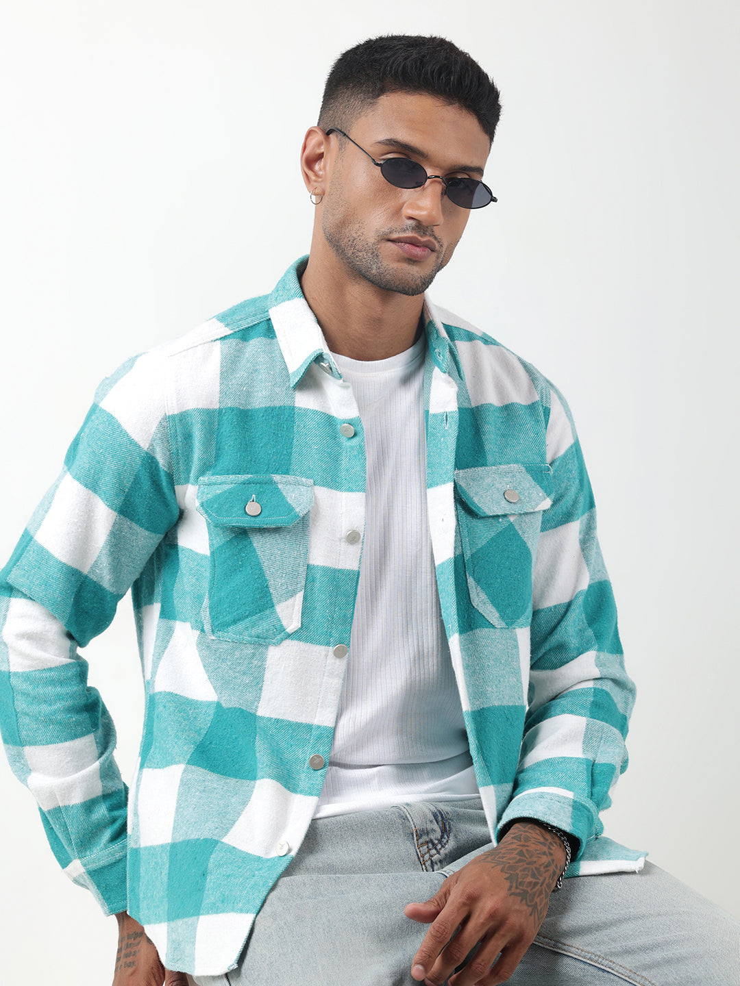 Men's Checked Sea Green Regular Fit Shacket with Chest Pockets
