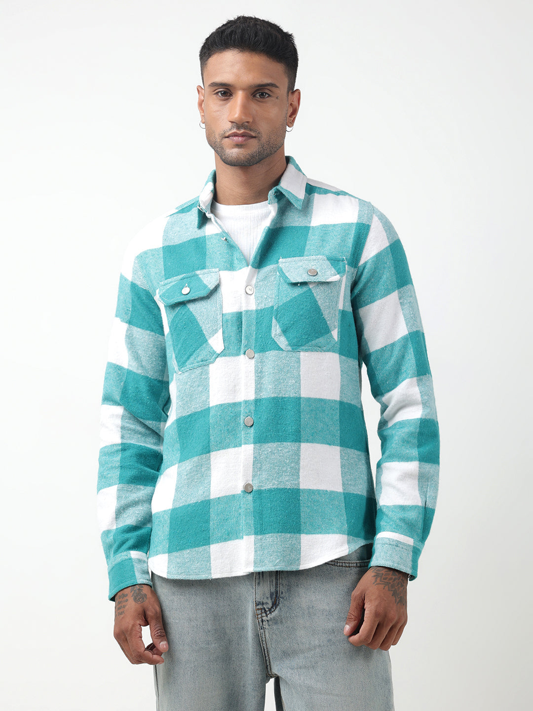 Men's Checked Sea Green Regular Fit Shacket with Chest Pockets