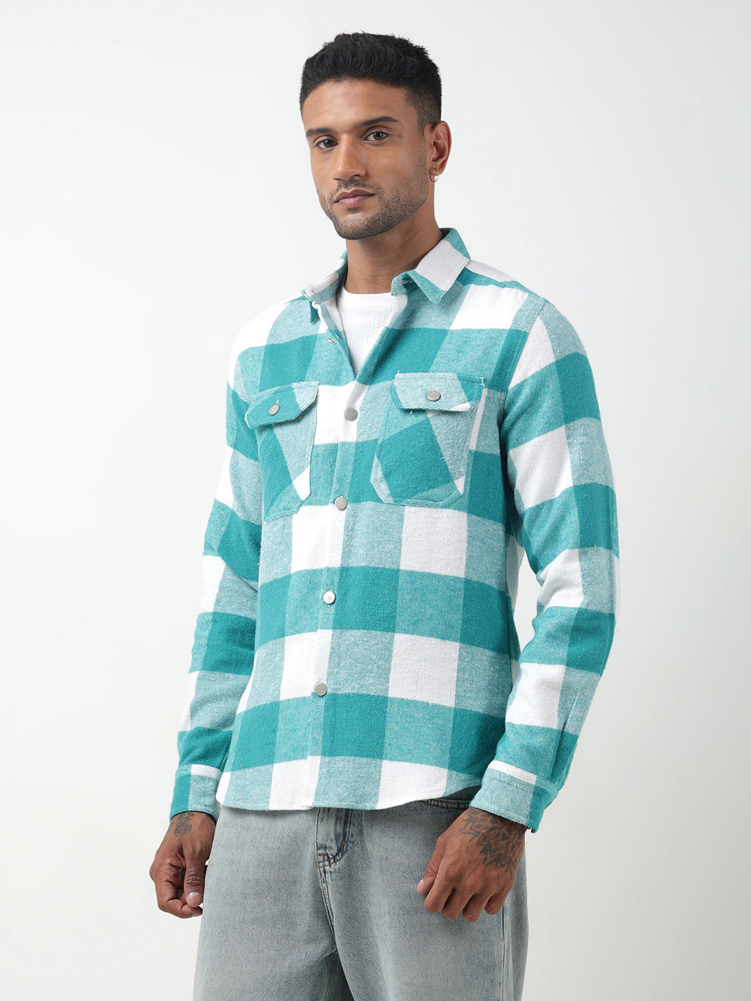 Men's Checked Sea Green Regular Fit Shacket with Chest Pockets