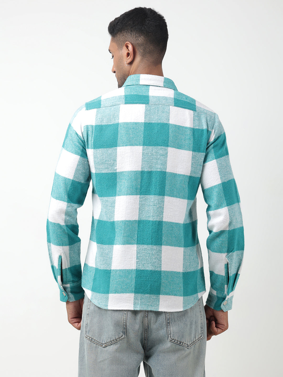 Men's Checked Sea Green Regular Fit Shacket with Chest Pockets