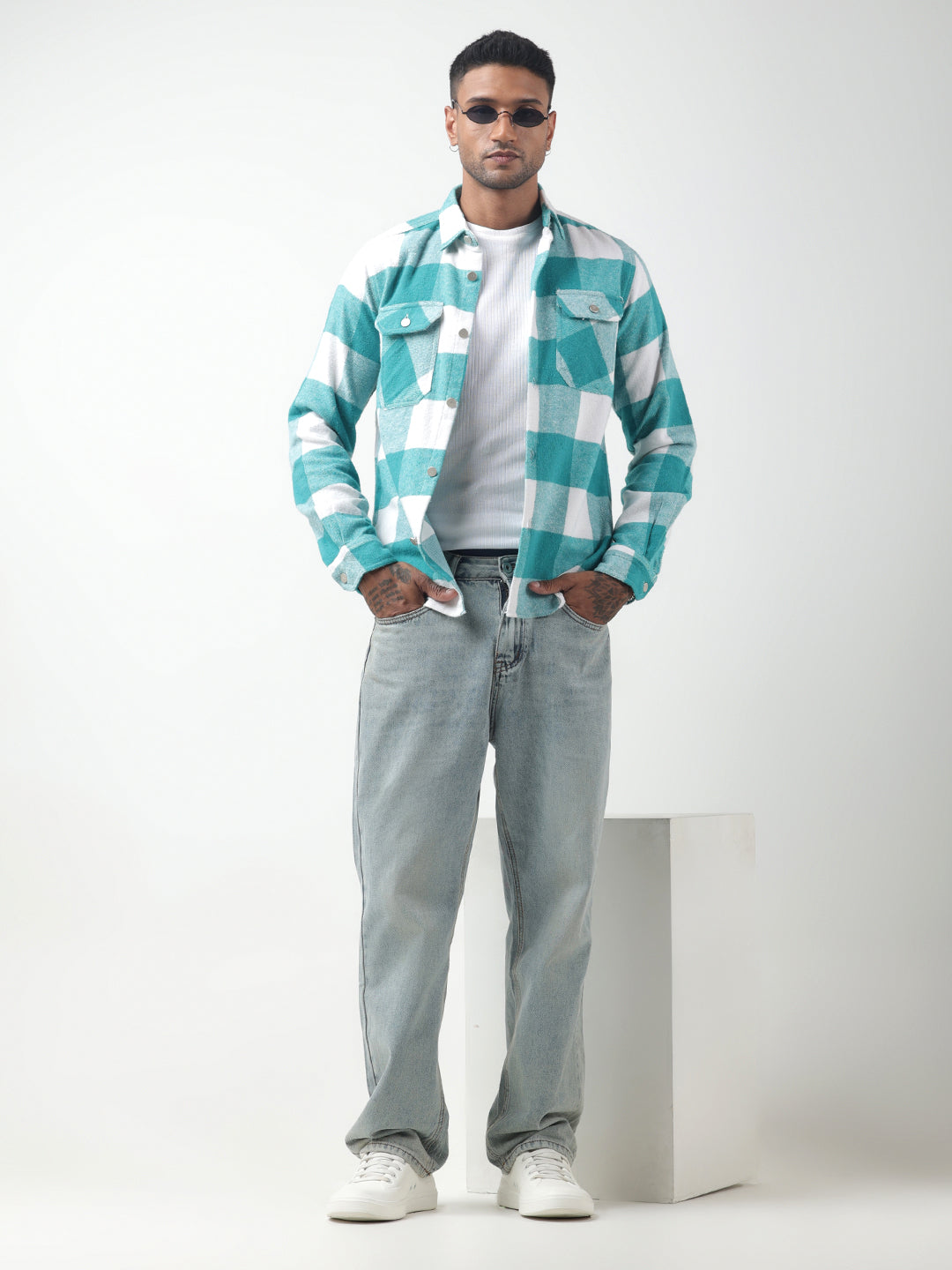 Men's Checked Sea Green Regular Fit Shacket with Chest Pockets