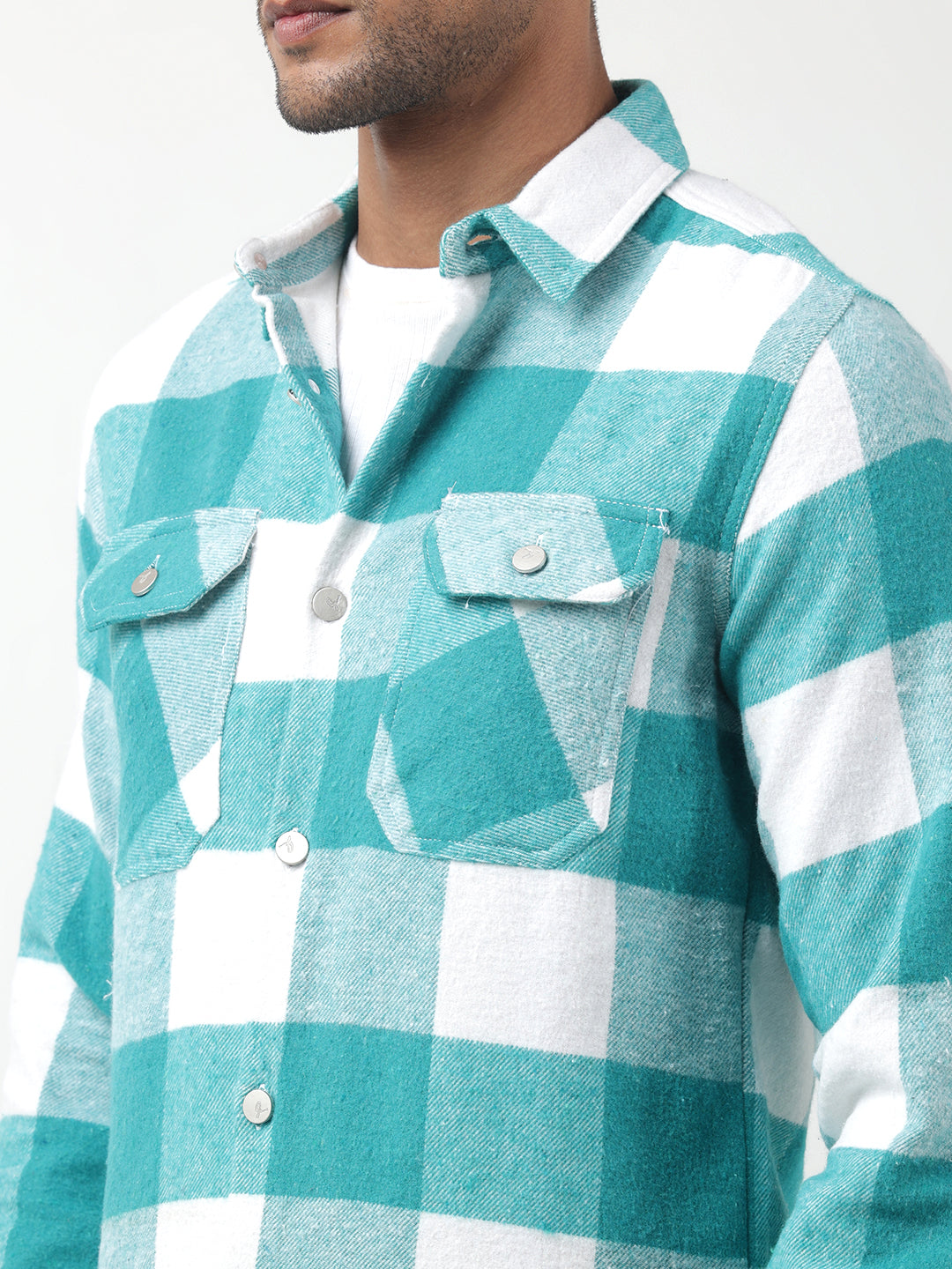 Men's Checked Sea Green Regular Fit Shacket with Chest Pockets