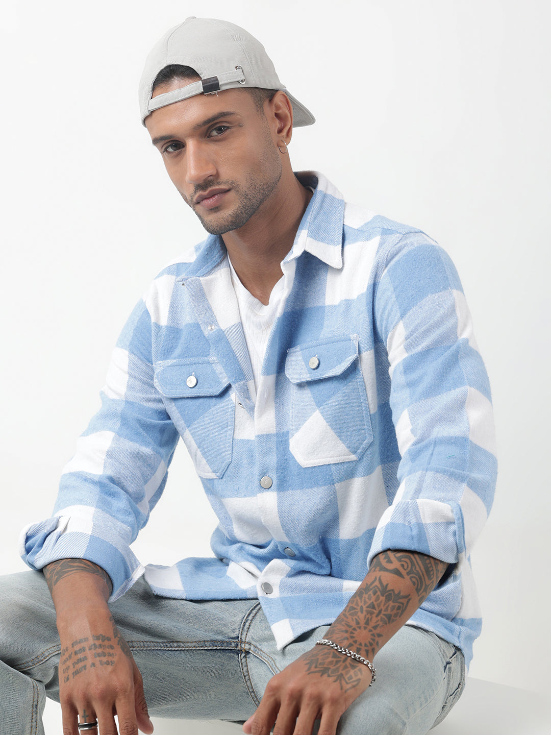 Men's Checked Blue Regular Fit Shacket with Chest Pockets