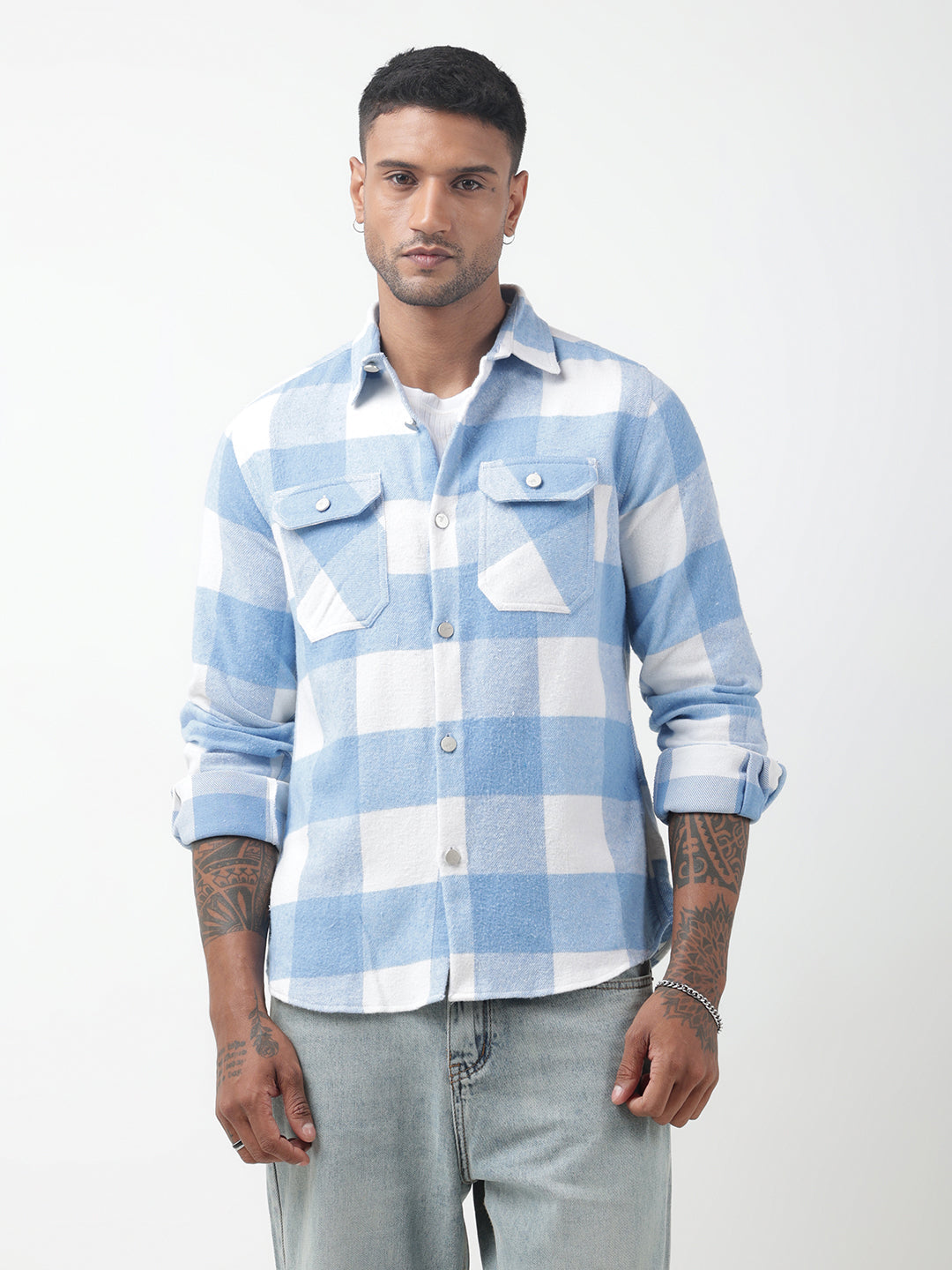 Men's Checked Blue Regular Fit Shacket with Chest Pockets