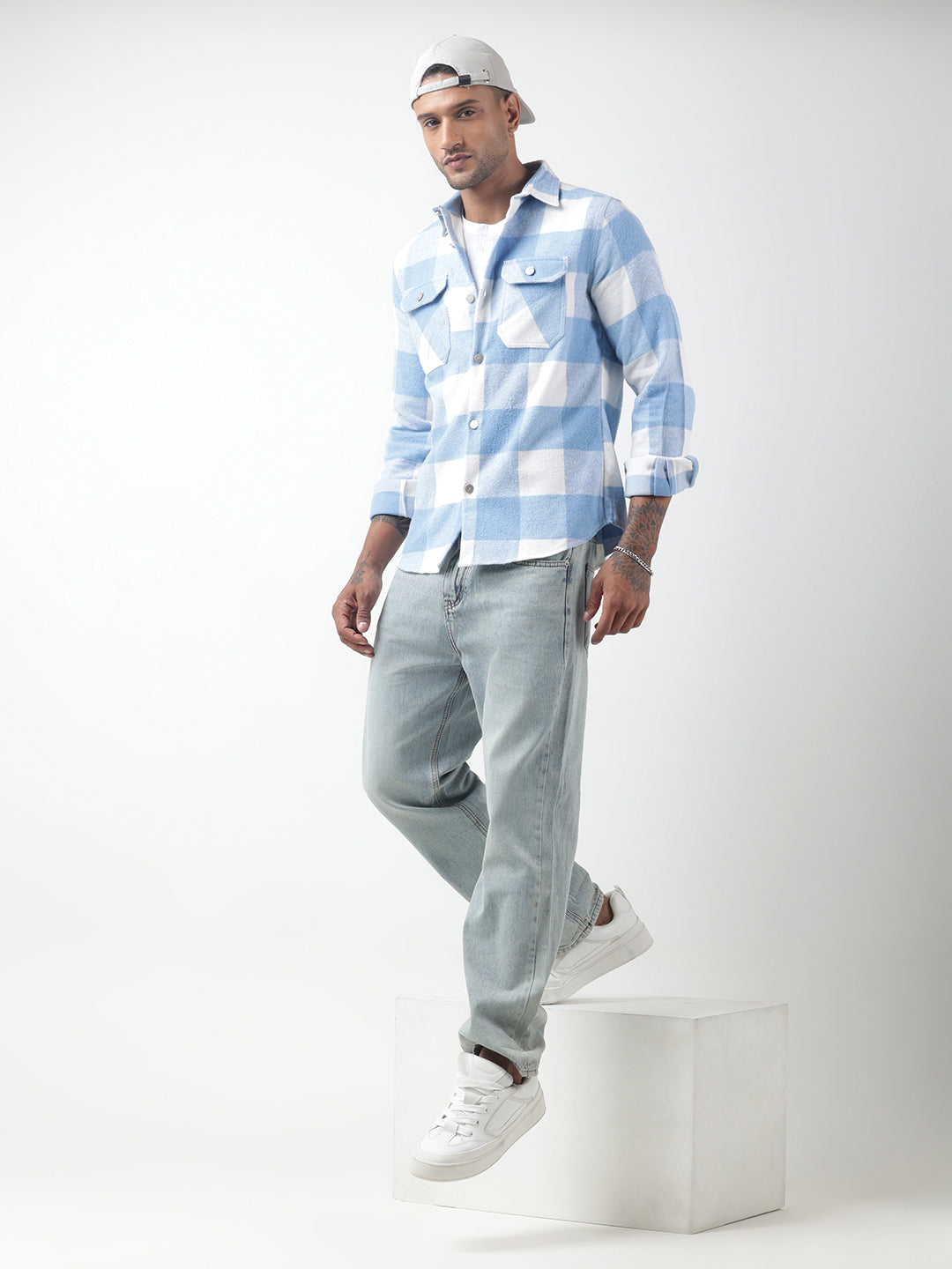 Men's Checked Blue Regular Fit Shacket with Chest Pockets