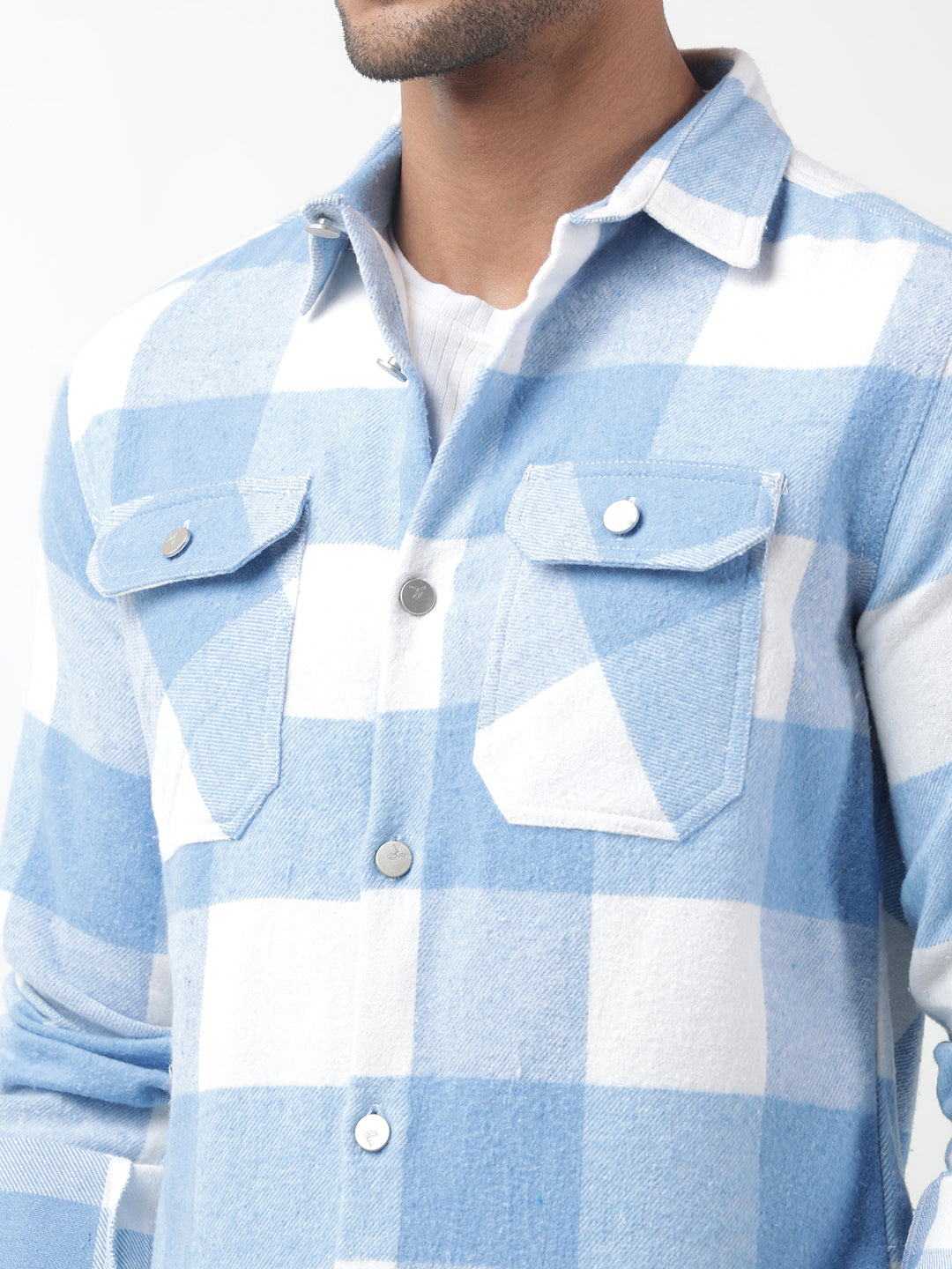 Men's Checked Blue Regular Fit Shacket with Chest Pockets