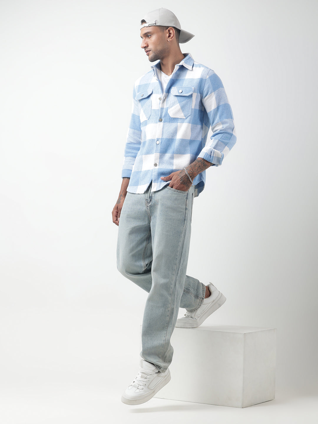 Men's Checked Blue Regular Fit Shacket with Chest Pockets