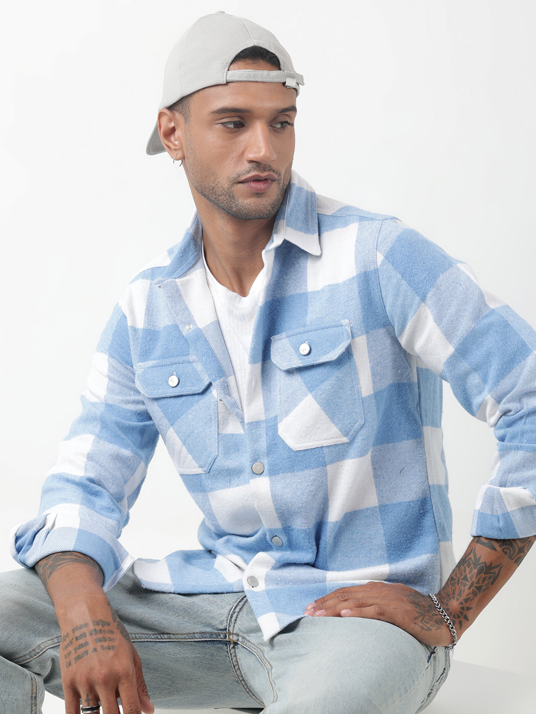 Men's Checked Blue Regular Fit Shacket with Chest Pockets