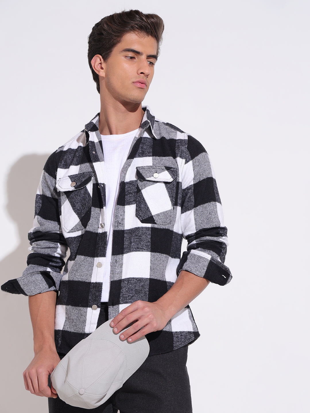 Men's Checked Black Regular Fit Shacket with Chest Pockets